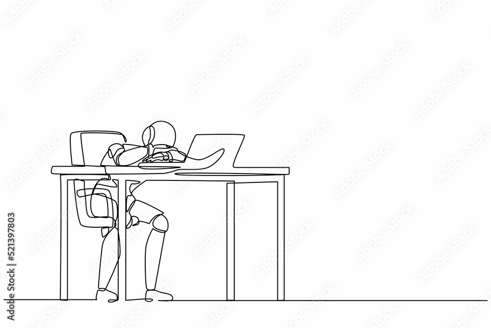Poster single one line drawing robot throwing tantrum in office holding head with hands. future technology 