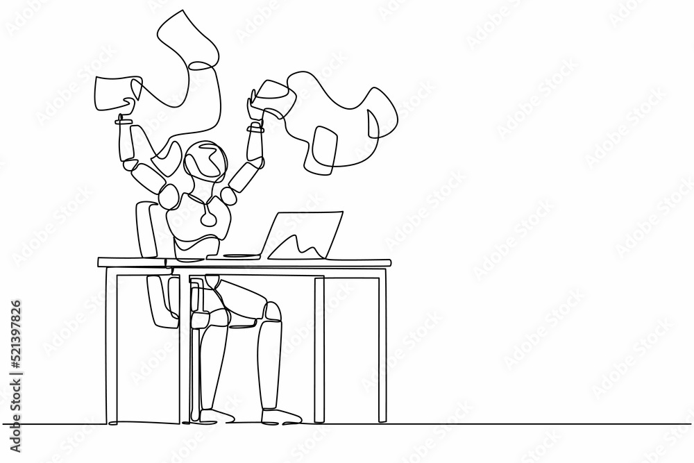 Poster continuous one line drawing happy robot throwing documents in air, enjoying business success. humano