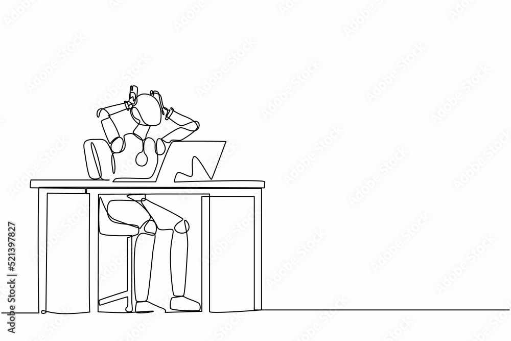 Poster single one line drawing frustrated robot sitting at laptop, holding head. future technology developm