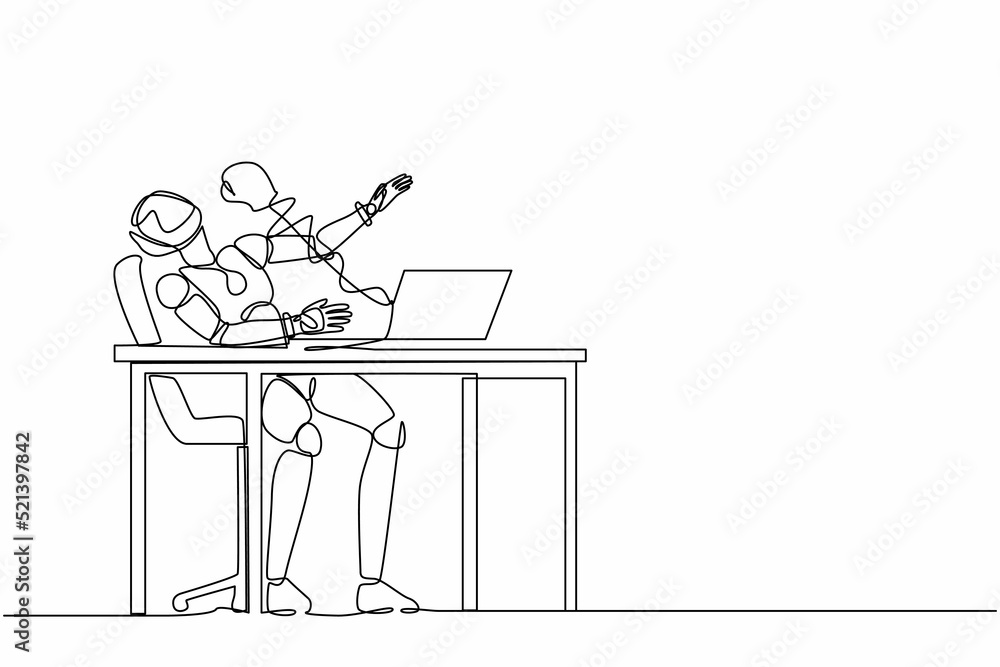 Poster single continuous line drawing robot being punched by boxing gloves from computer laptop. cyber bull