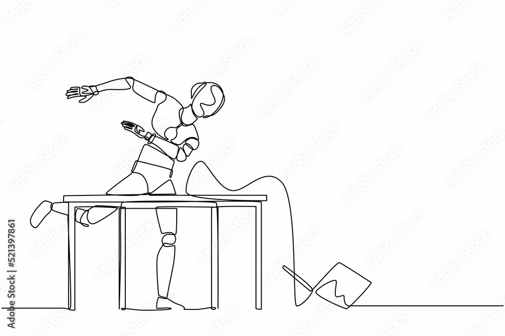 Poster continuous one line drawing frustrated robot is angry and throwing laptop. humanoid robot cybernetic