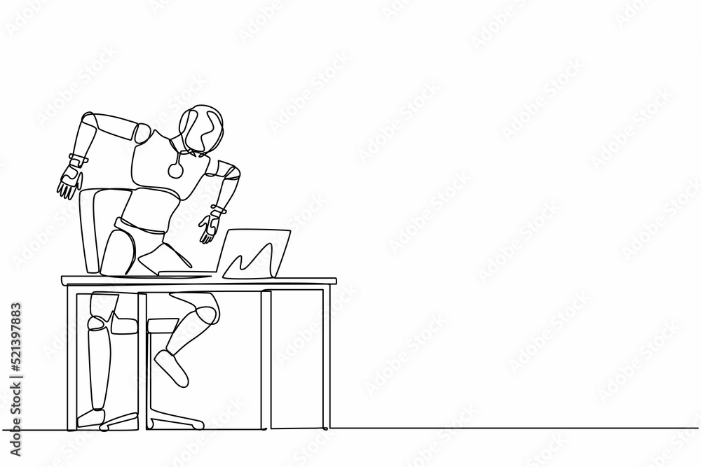 Poster single one line drawing frustrated robot shouting screen laptop on his working desk. future technolo