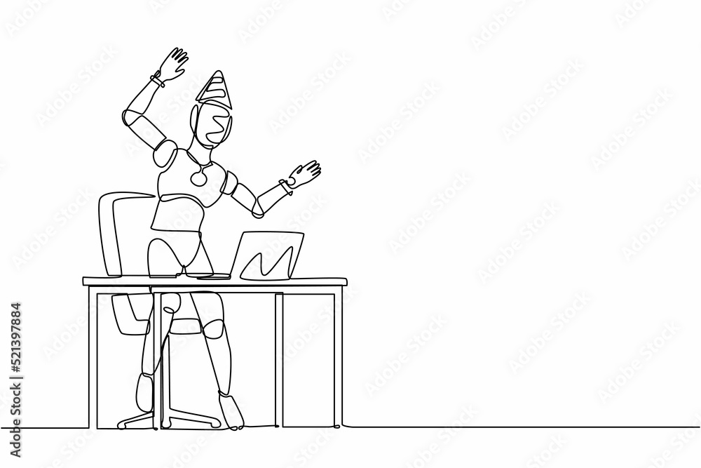 Poster single continuous line drawing robot stands in office with hand raised, computer celebrating success