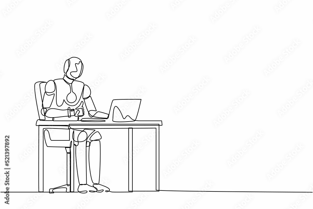 Poster continuous one line drawing robot giving thumbs up sign in front of computer. humanoid robot cyberne