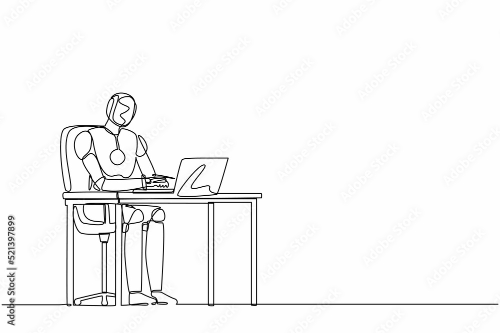 Poster continuous one line drawing robot working, typing and sending messages at desk. humanoid robot cyber