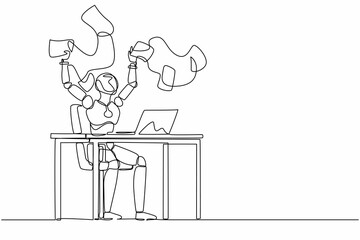 Continuous one line drawing happy robot throwing documents in air, enjoying business success. Humanoid robot cybernetic organism. Future robotic development. Single line design vector illustration