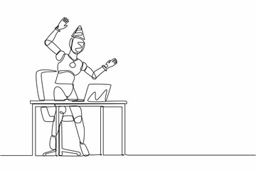 Single continuous line drawing robot stands in office with hand raised, computer celebrating success. Robotic artificial intelligence. Electronic technology. One line draw design vector illustration
