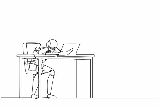 recommend clip art: Single one line drawing robot throwing tantrum in office holding head with hands. Future technology development. Artificial intelligence machine learning. Continuous line design vector illustration