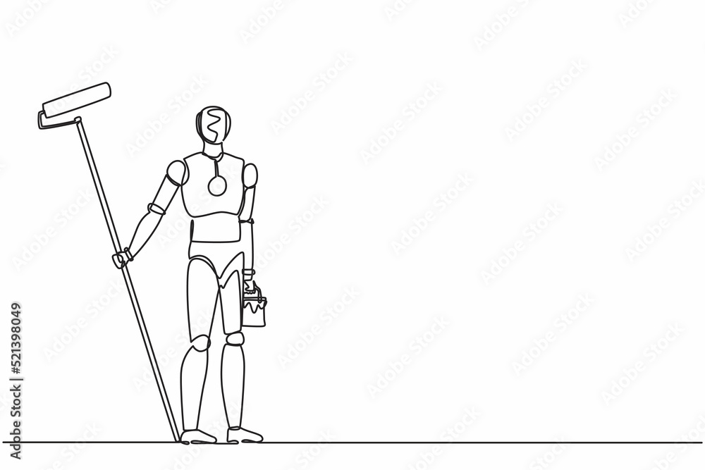 Poster continuous one line drawing robot painter with bucket of paint and paint roller. humanoid robot cybe