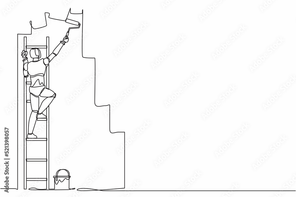Poster single continuous line drawing robot painter standing on staircase paints wall with paint roller. ro