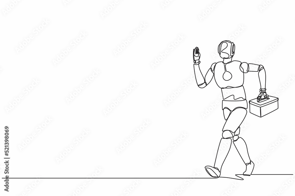 Poster continuous one line drawing robot mechanic repairman worker with tool box is running. technical serv