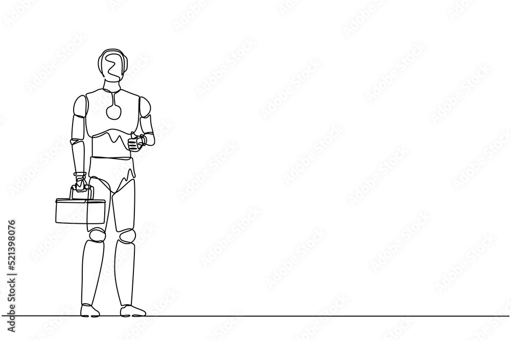 Poster single one line drawing robot plumber standing and holding wrench and tools box in hand. future tech