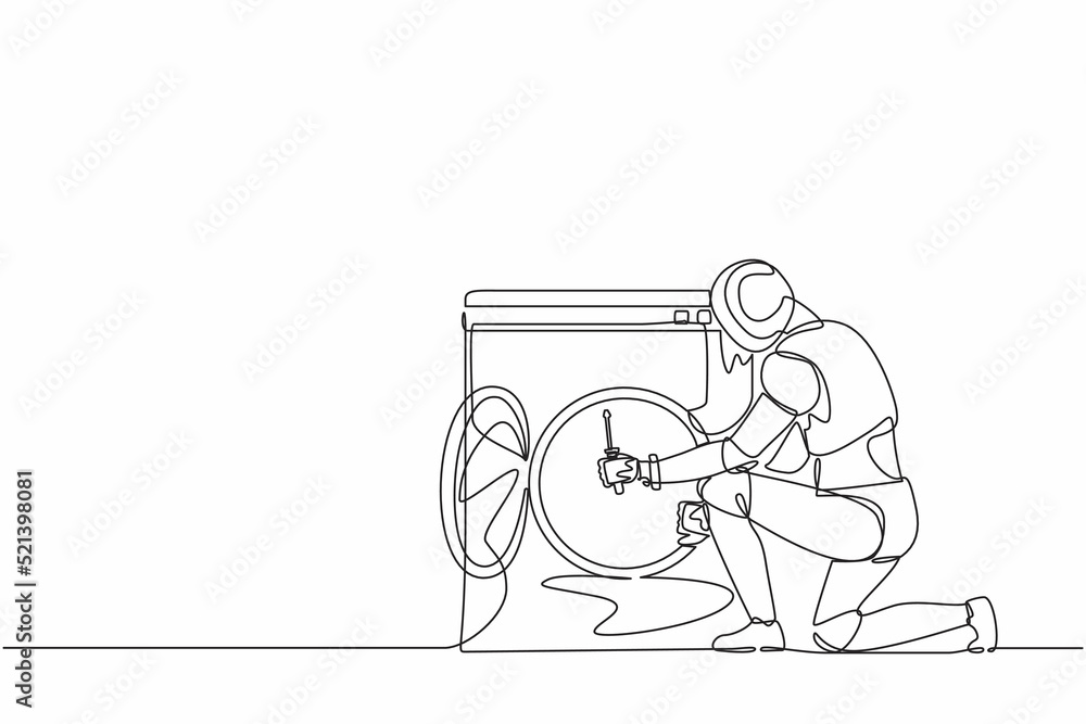 Poster single one line drawing robot repairman fixing washing machine at home. future technology developmen