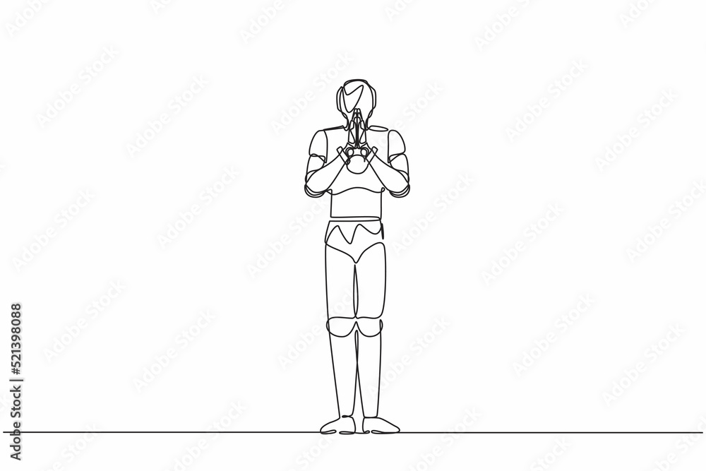 Poster single continuous line drawing robot holding palms in prayer. robot emotion, body language gesture. 