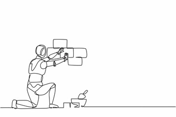 Single continuous line drawing robot repair worker laying ceramic wall tile. Modern robotic artificial intelligence. Electronic technology industry. One line draw graphic design vector illustration