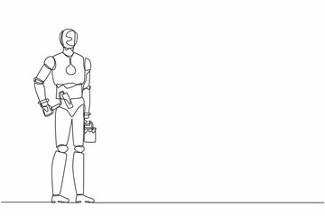 Single continuous line drawing robot holds roller with paint and bucket of paint, painting walls. Robotic artificial intelligence. Electronic technology. One line graphic design vector illustration