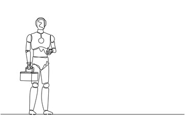 Single one line drawing robot plumber standing and holding wrench and tools box in hand. Future technology. Artificial intelligence machine learning. Continuous line draw design vector illustration