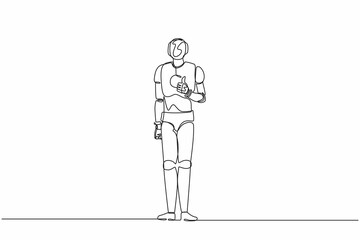 Single one line drawing robot showing thumbs up sign. Deal, like, agree, approve, accept. Future technology development. Artificial intelligence. Continuous line design graphic vector illustration