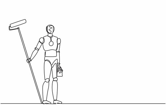 recommend clip art: Continuous one line drawing robot painter with bucket of paint and paint roller. Humanoid robot cybernetic organism. Future robotics development. Single line draw design vector graphic illustration