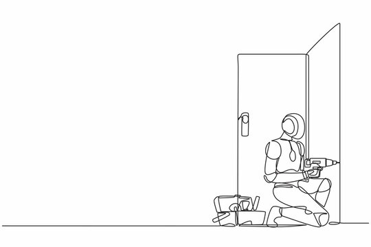 recommend clip art: Single continuous line drawing robot repairman with special equipment, repair door element. Modern robotic artificial intelligence. Electronic technology industry. One line draw graphic design vector