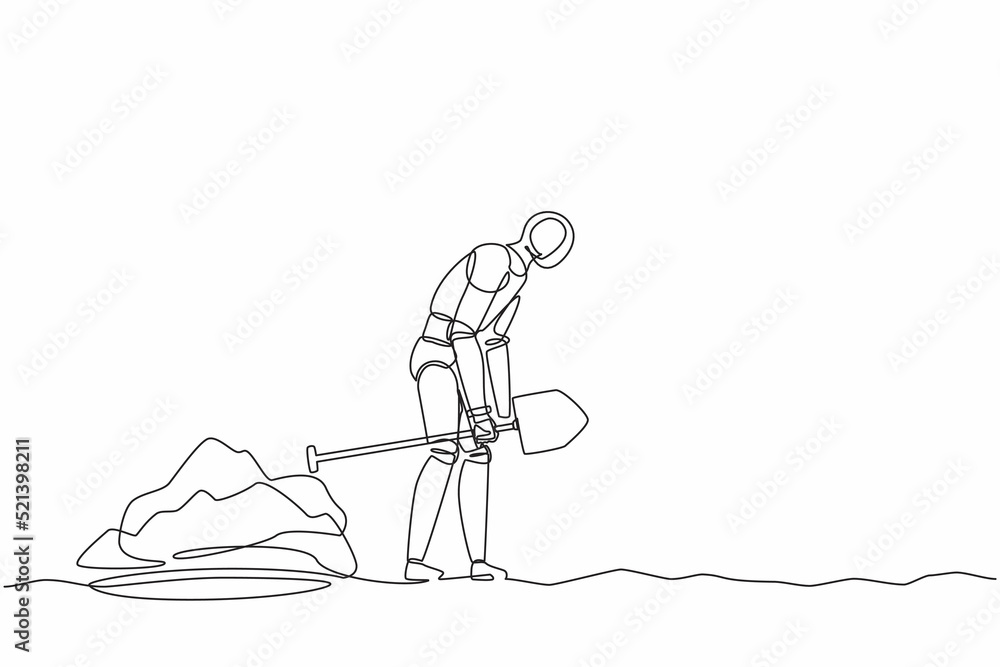 Poster single one line drawing robot walking unsteadily leaving hole dug dragging shovel. future technology