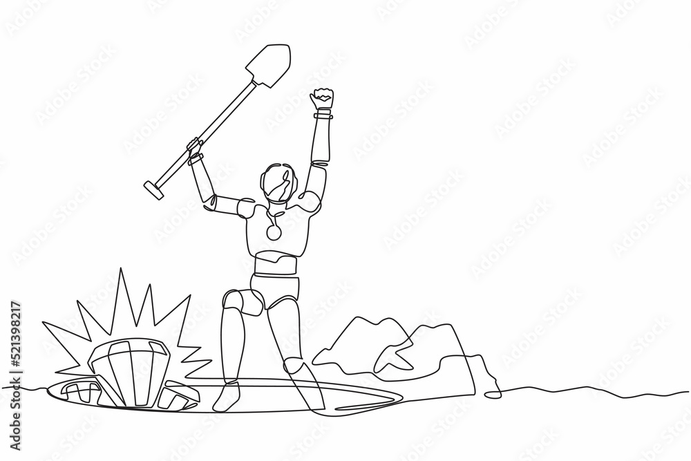 Poster continuous one line drawing happy robot lifting shovel and finding diamond. humanoid robot cyberneti