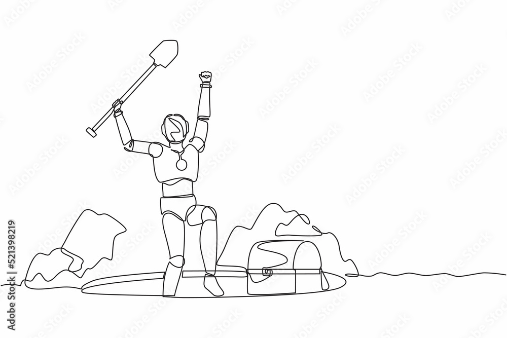 Poster continuous one line drawing happy robot lifting shovel and finding chest treasure. humanoid robot cy
