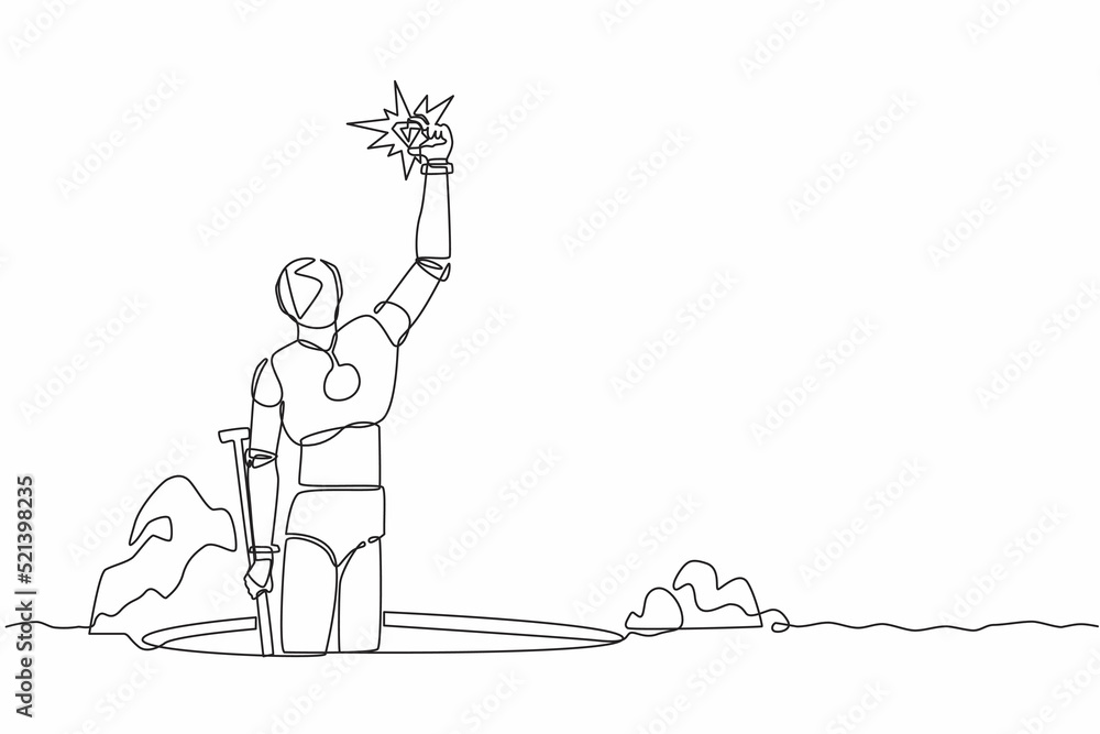 Poster single continuous line drawing robot digging hole and find diamond from ground. modern robotic artif