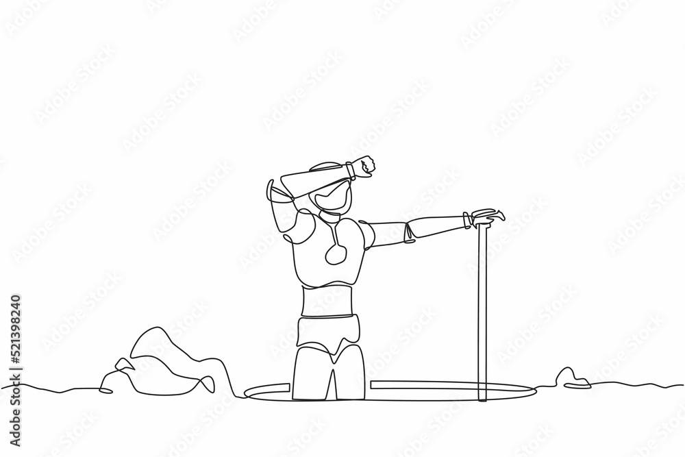 Poster single one line drawing robot wipes sweat on his forehead while digging hole. future technology deve