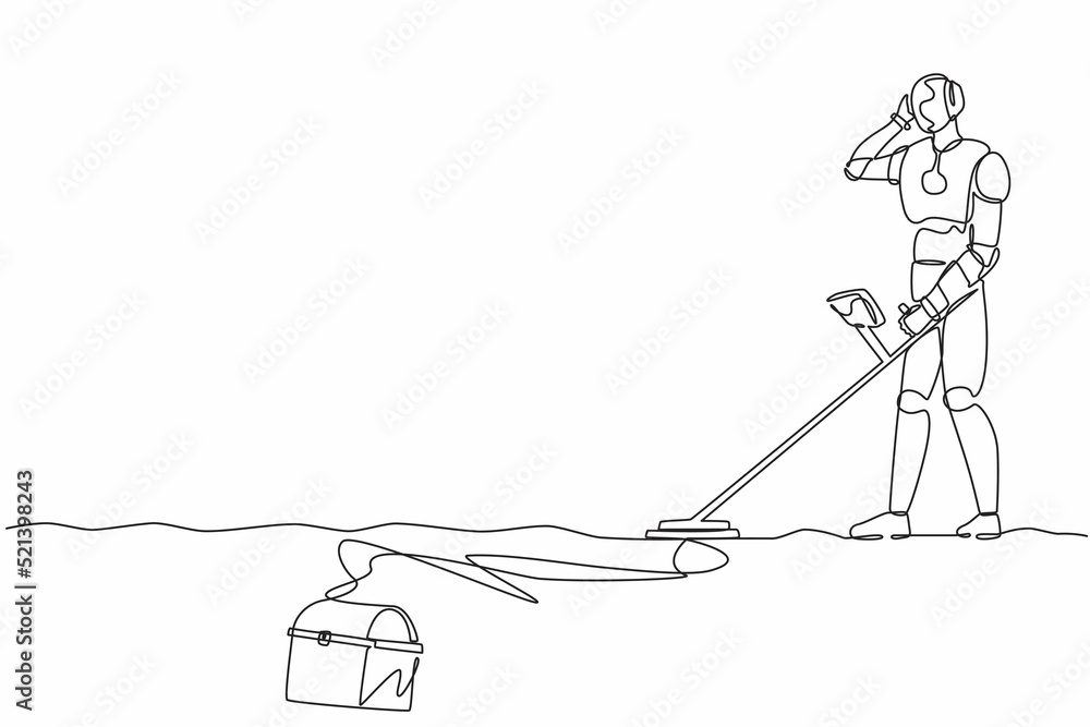 Poster single continuous line drawing robot with metal detector looking for chest treasure. robotic artific