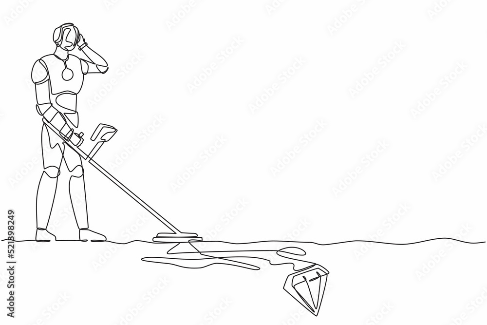 Poster single one line drawing robot with metal detector looking for diamonds. future technology developmen