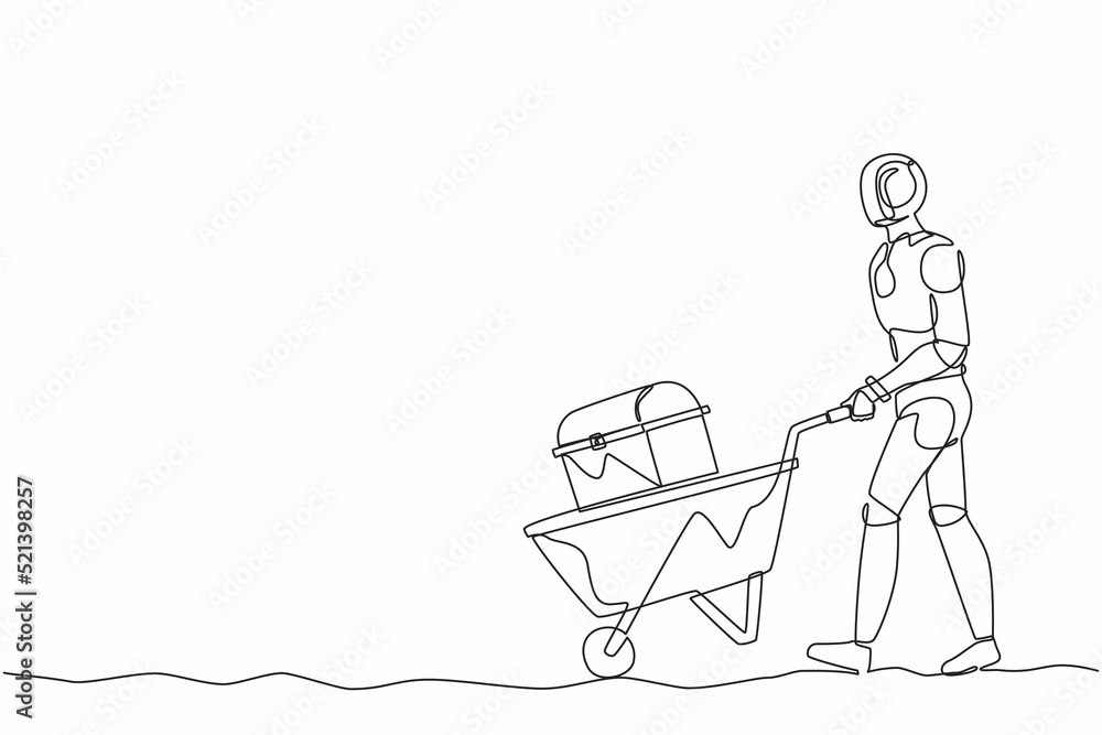 Poster single one line drawing robot walking and pushing trolley with chest treasure. future technology dev