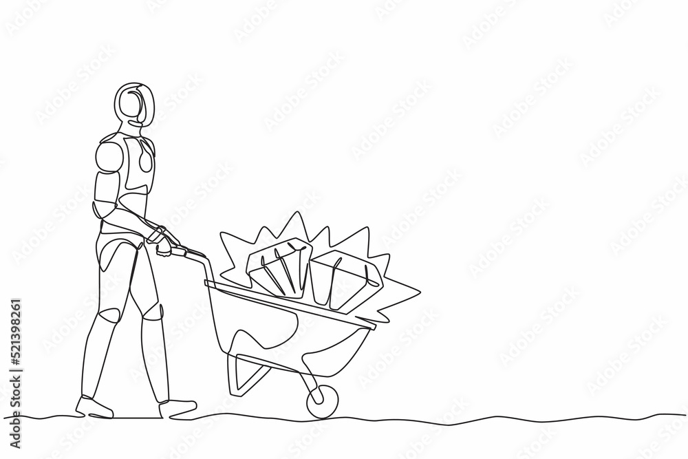 Poster continuous one line drawing robot walking and pushing trolley full of diamonds. humanoid robot cyber