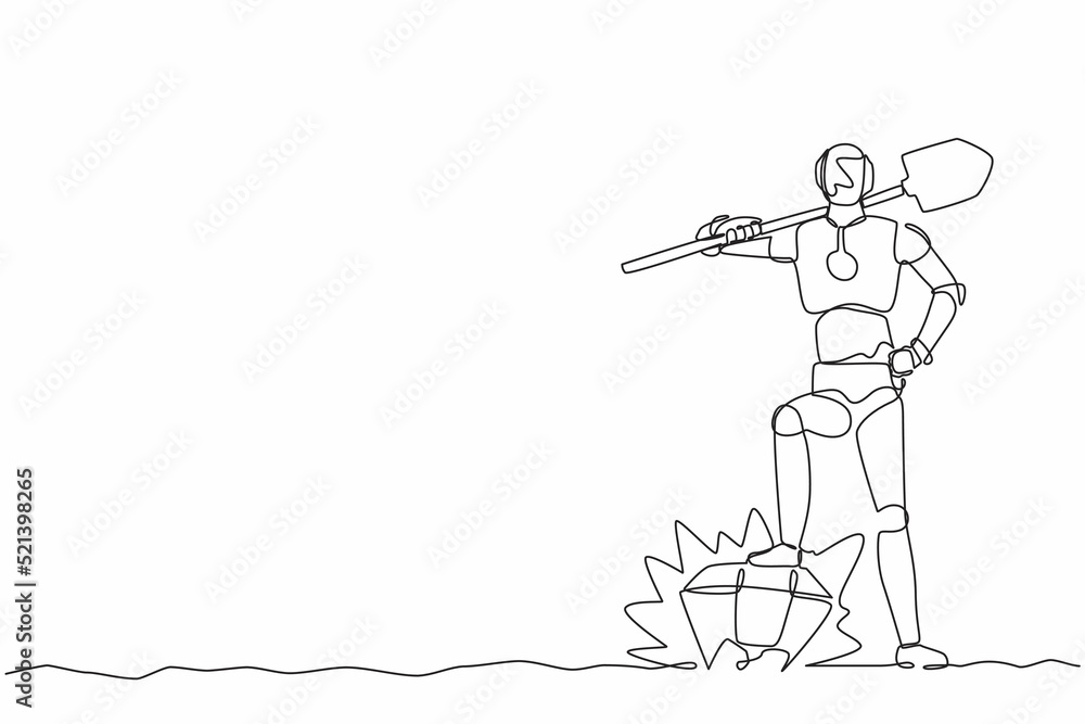 Poster single continuous line drawing robot digging ground with shovel finding big diamond. robotic artific