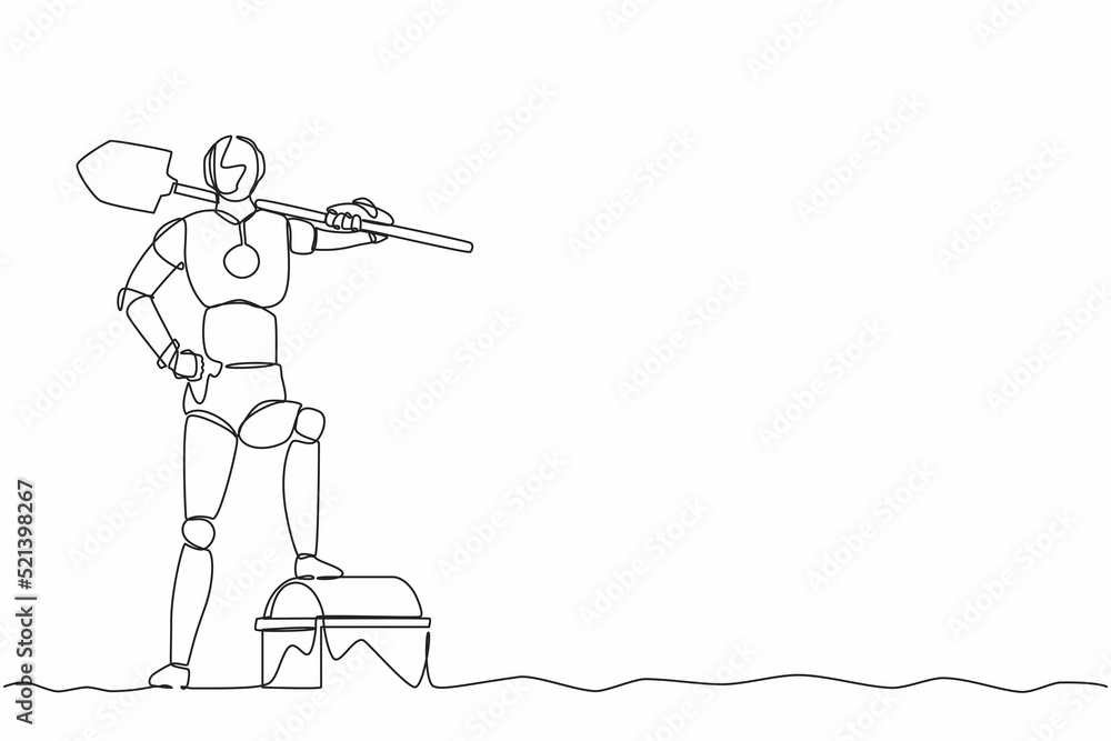 Poster single continuous line drawing robot digging ground with shovel and finding treasure chest. robotic 