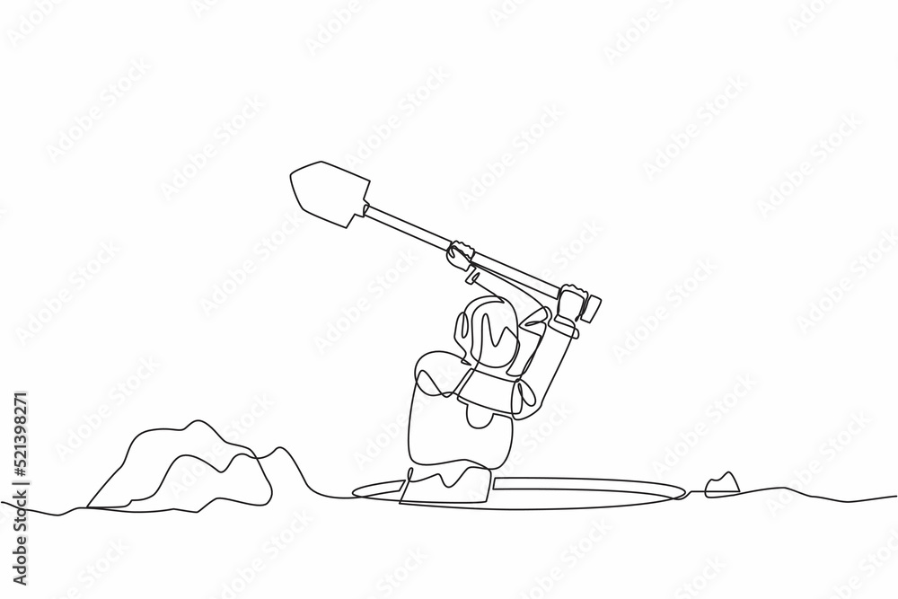 Poster continuous one line drawing robot digging in dirt using shovel. humanoid robot cybernetic organism. 