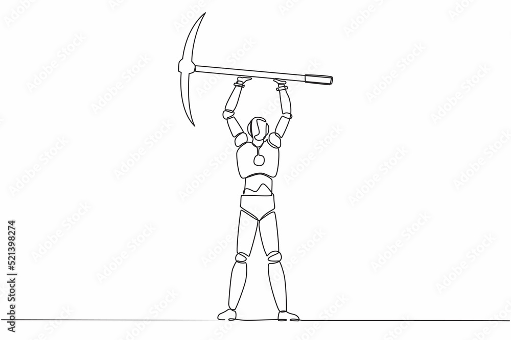 Poster single one line drawing robot standing and lifting big pickaxe. future technology development. artif