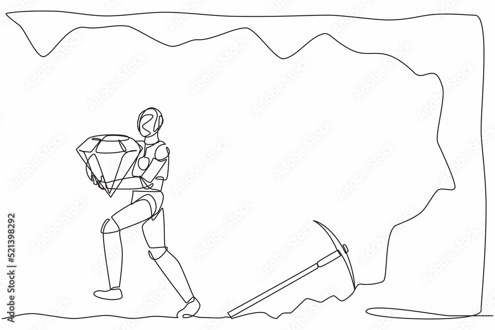 Poster single one line drawing robot bearing big diamond from underground. future technology development. a