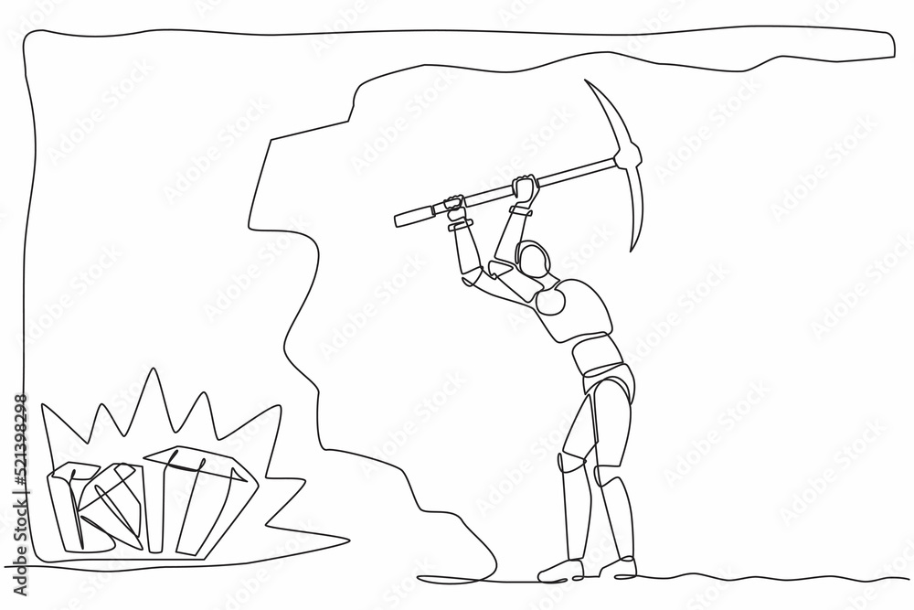 Poster continuous one line drawing robot digging with pickaxe to get diamond. humanoid robot cybernetic org
