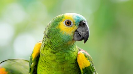 Closeup of colorful turquoise-fronted amazon standing on wood under daylight on blurry background