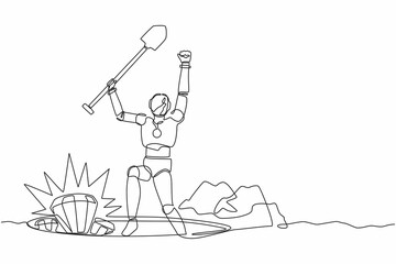 Obraz premium Continuous one line drawing happy robot lifting shovel and finding diamond. Humanoid robot cybernetic organism. Future robotics development concept. Single line draw design vector graphic illustration