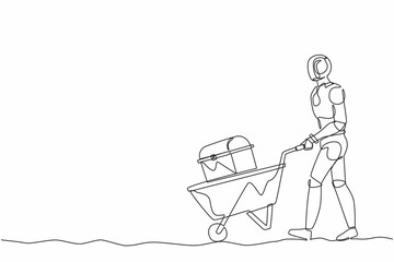 Single one line drawing robot walking and pushing trolley with chest treasure. Future technology development. Artificial intelligence and machine learning. Continuous line design vector illustration