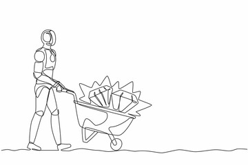 Continuous one line drawing robot walking and pushing trolley full of diamonds. Humanoid robot cybernetic organism. Future robotics development concept. Single line design vector graphic illustration