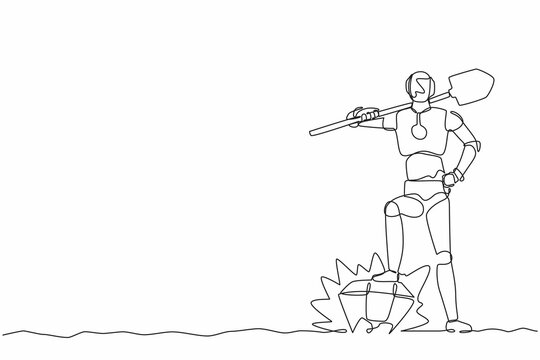 robot with shovel standing on rock, line art clip art preview