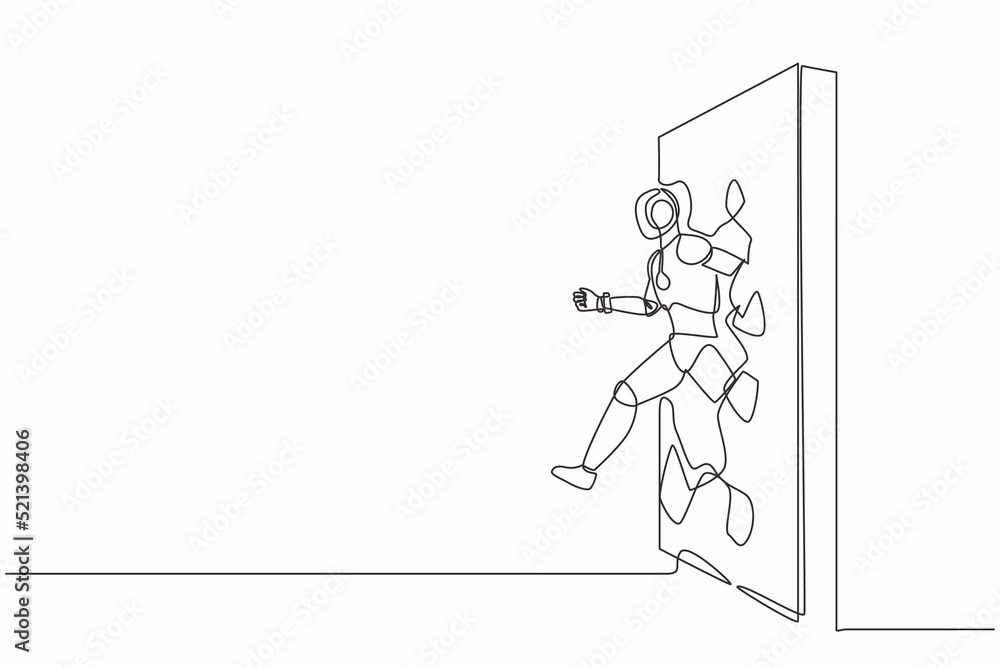 Poster single one line drawing robot run and breaking through brick wall. future technology development. ar