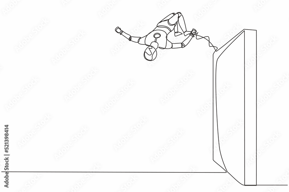 Poster single continuous line drawing robot jumping over brick wall with acrobatic style. modern robotic ar