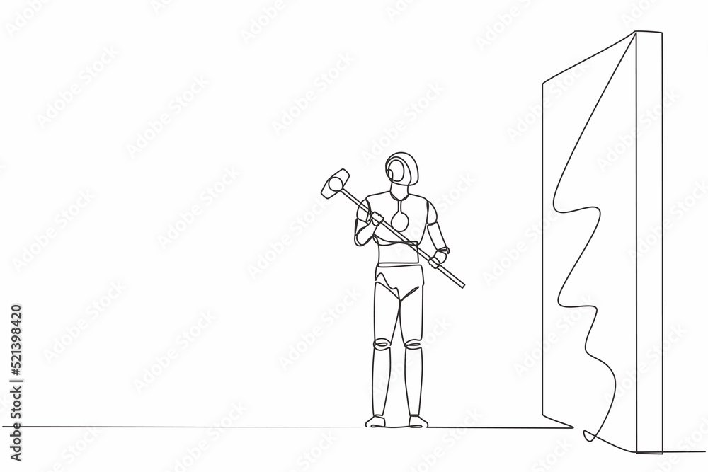 Poster continuous one line drawing robot standing and holding big hammer while facing wall. humanoid robot 