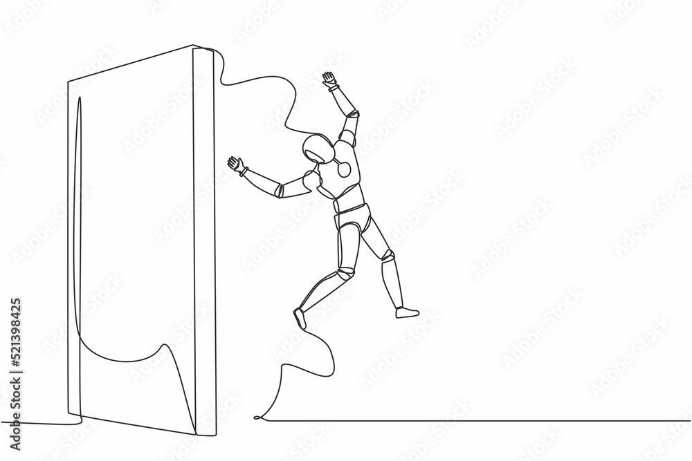 Poster continuous one line drawing robot managed to jump over the wall. get new experience. humanoid robot 