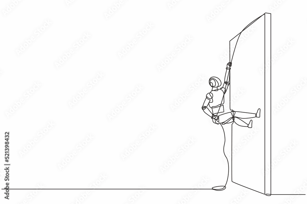 Aufkleber single continuous line drawing robot climbing over wall with rope. modern robotic artificial intelli