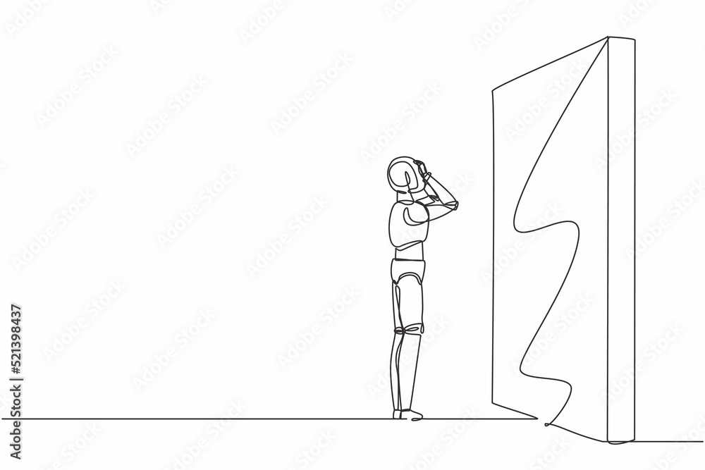 Poster single one line drawing robot standing and confused in front of huge brick wall barriers. future tec